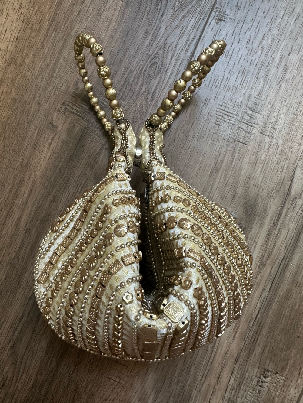Handicraft Gold Beaded Potli Bag, Vintage Inspired Accents, Lotus Clutch, 11"x7" - Picture 14 of 15